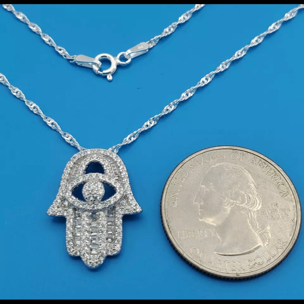.925  SILVER 20” ROPE ICY BAGUETTE HAND OF GOD NEW